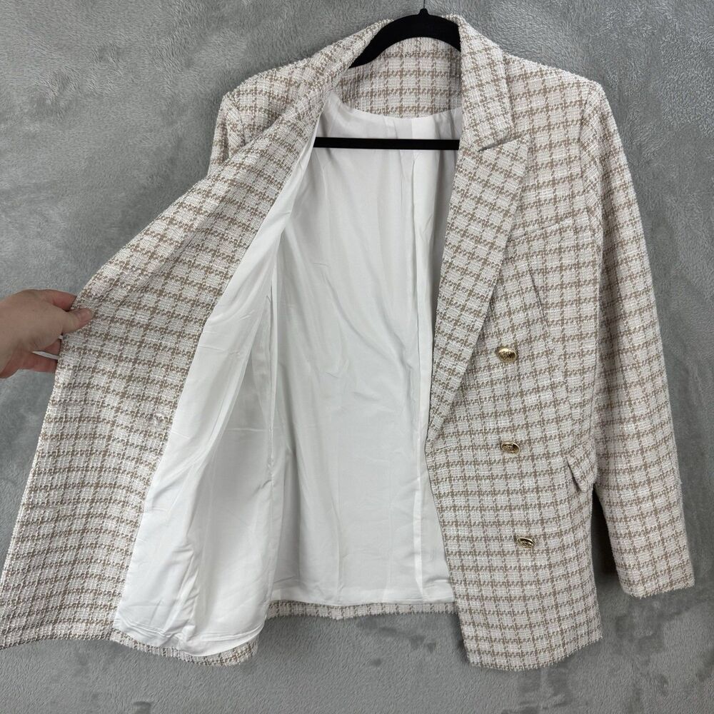 Tweed Double Breasted Blazer Suit Jacket White Brown Longer Length Women's S - Picture 10 of 12